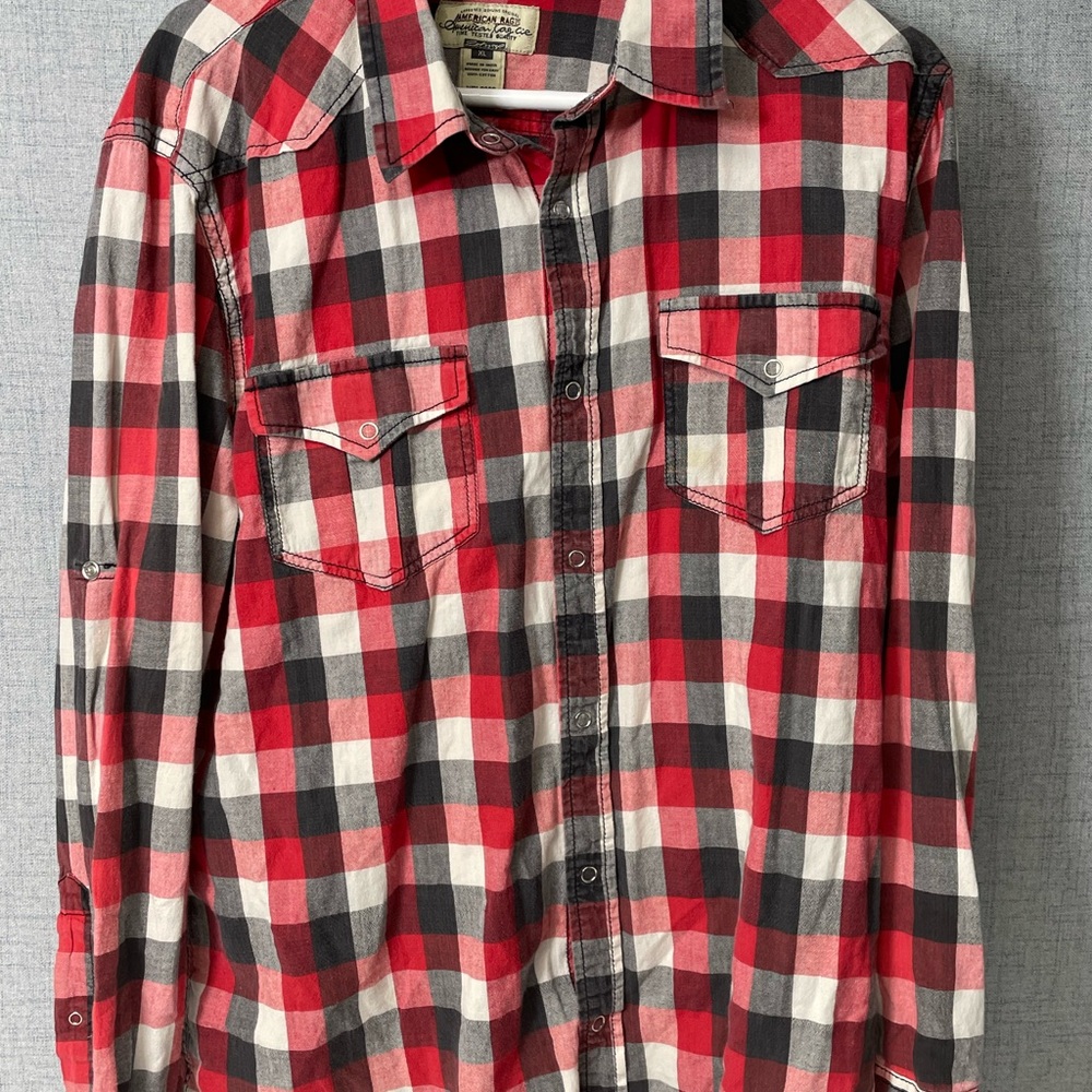 American Rag Men's Red and Black Plaid Shirt XL